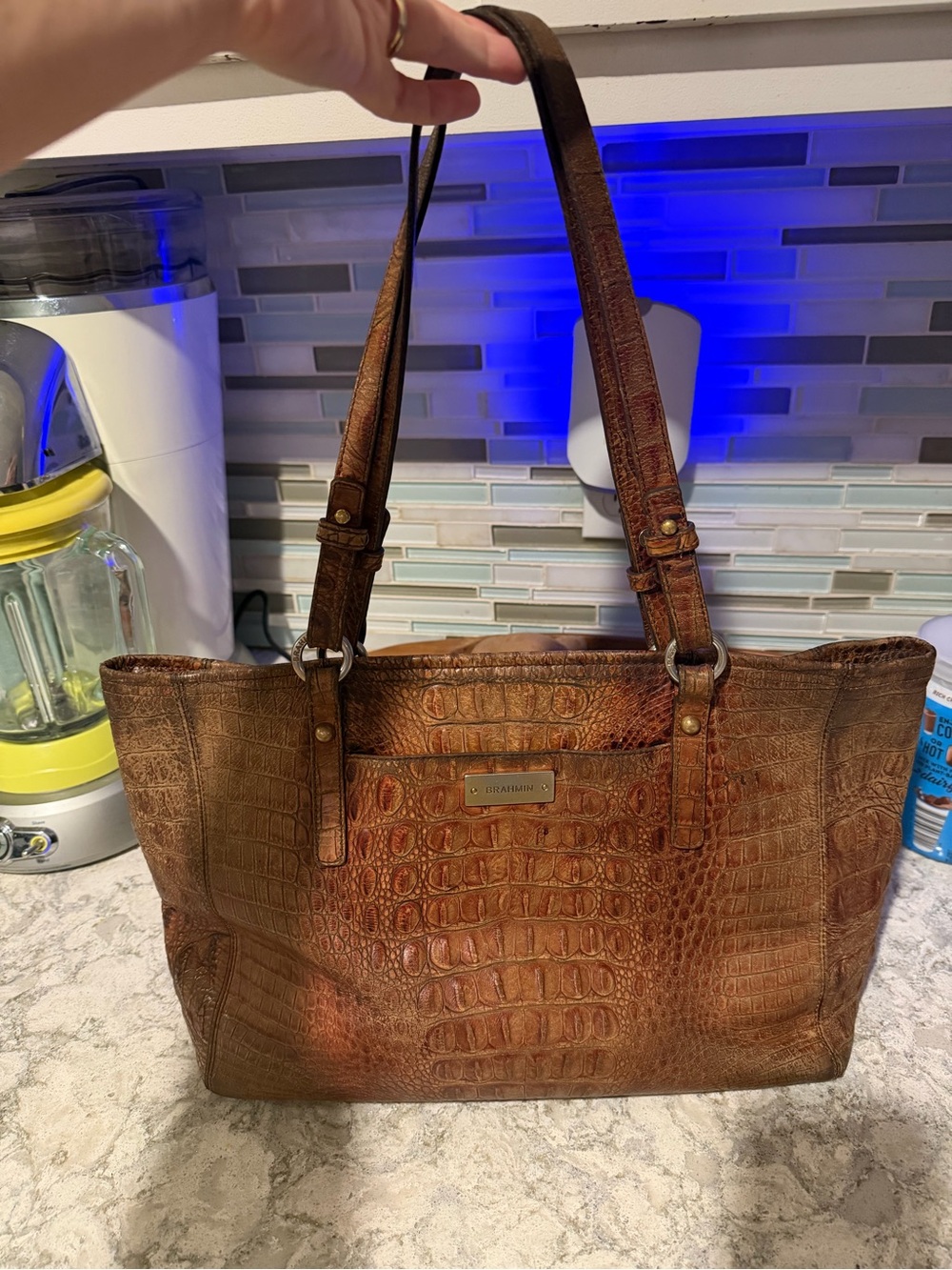 Brahmin Pecan Melbourne Croc Embossed Leather Tote Bag Handbag